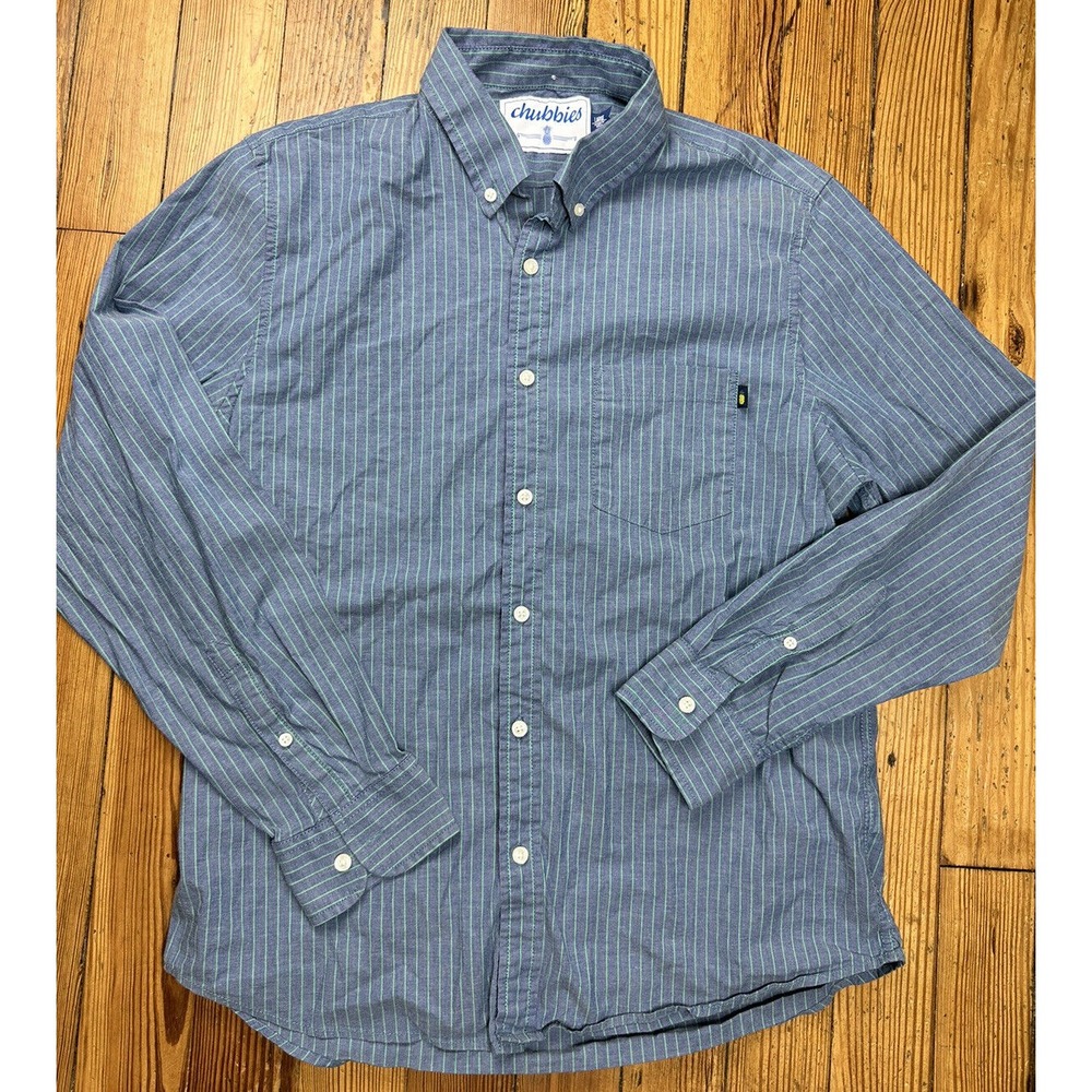 Mens Chubbies Button Down Shirt Blue w/ Green Stripes + Pocket Sz Large‎